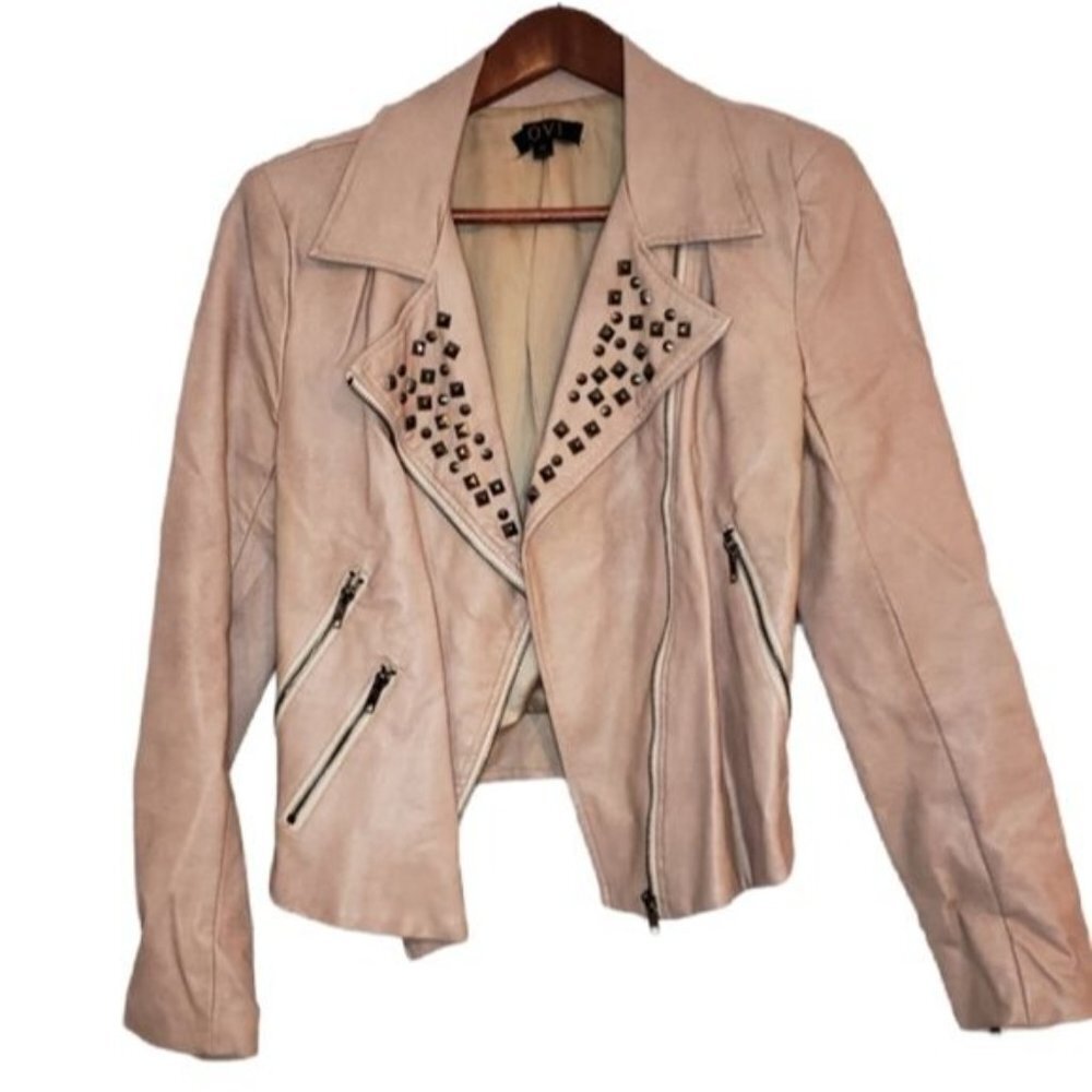 Ovi Jacket Studded Moto Biker Faux Leather Pink Beige Zipper Pockets - Medium‎